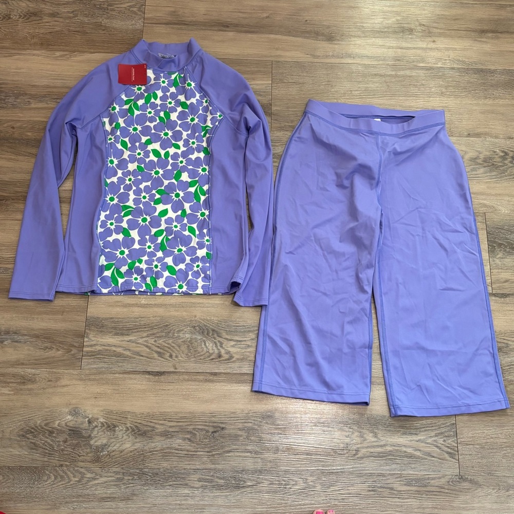 NWT Lands End 2 piece rash guard top and cropped pants set girls Sz 16